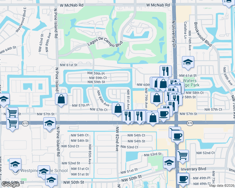 map of restaurants, bars, coffee shops, grocery stores, and more near 5809 Northwest 82nd Terrace in Tamarac