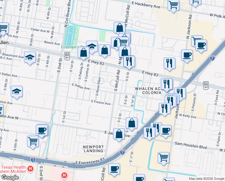 map of restaurants, bars, coffee shops, grocery stores, and more near 625 East Dallas Avenue in McAllen