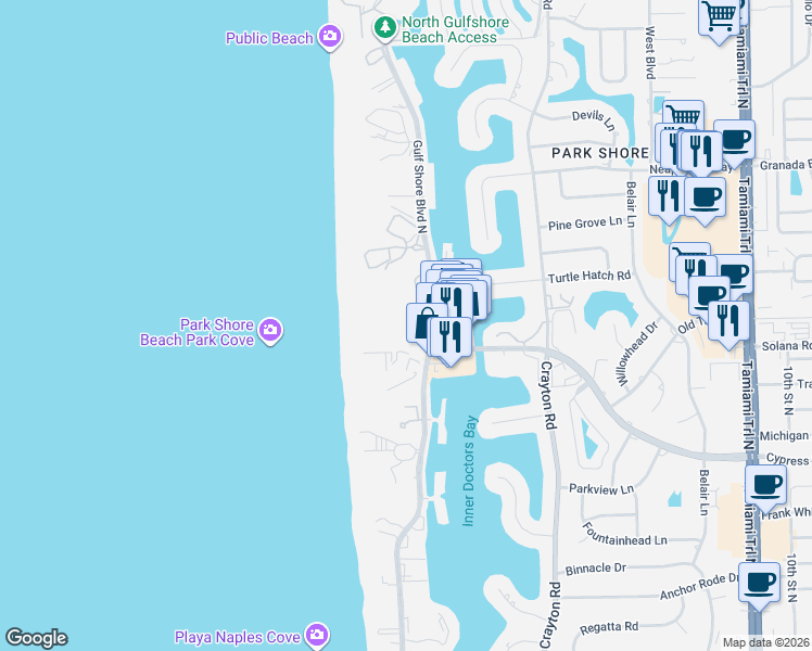 map of restaurants, bars, coffee shops, grocery stores, and more near 4151 Gulf Shore Boulevard North in Naples