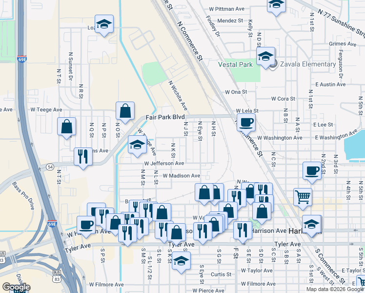 map of restaurants, bars, coffee shops, grocery stores, and more near 501 North J Street in Harlingen