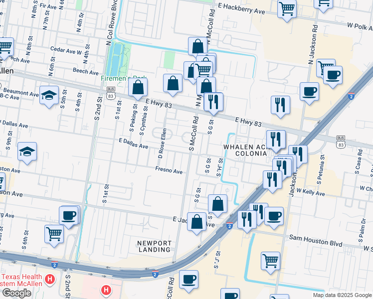 map of restaurants, bars, coffee shops, grocery stores, and more near 625 East Dallas Avenue in McAllen
