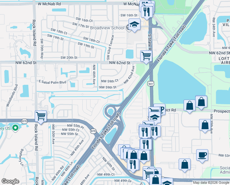 map of restaurants, bars, coffee shops, grocery stores, and more near 4631 Northwest 59th Street in Fort Lauderdale