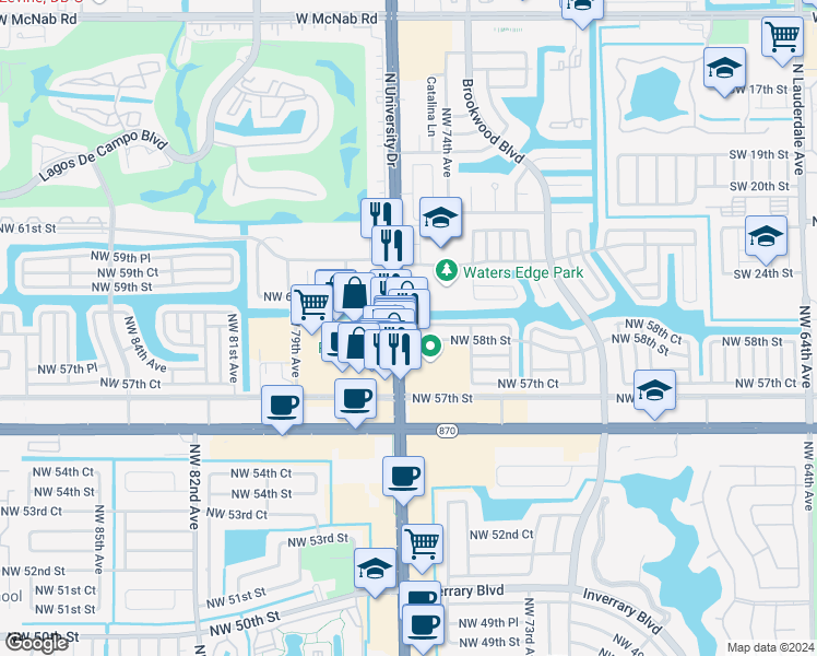 map of restaurants, bars, coffee shops, grocery stores, and more near 7509 Northwest 58th Court in Tamarac