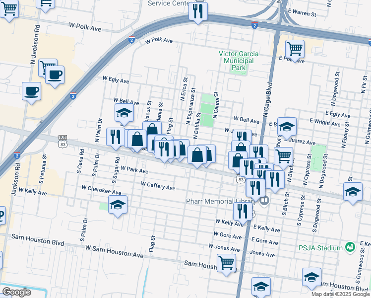 map of restaurants, bars, coffee shops, grocery stores, and more near 511 West Clark Avenue in Pharr
