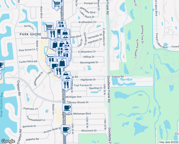 map of restaurants, bars, coffee shops, grocery stores, and more near 1357 Solana Road in Naples