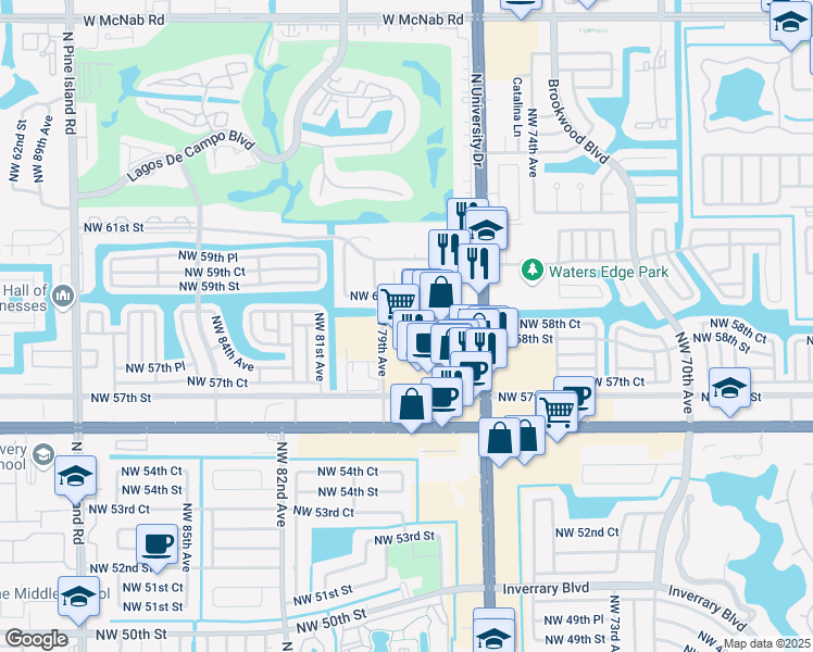 map of restaurants, bars, coffee shops, grocery stores, and more near 5879 North University Drive in Tamarac