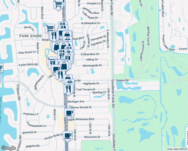 map of restaurants, bars, coffee shops, grocery stores, and more near 1357 Solana Road in Naples