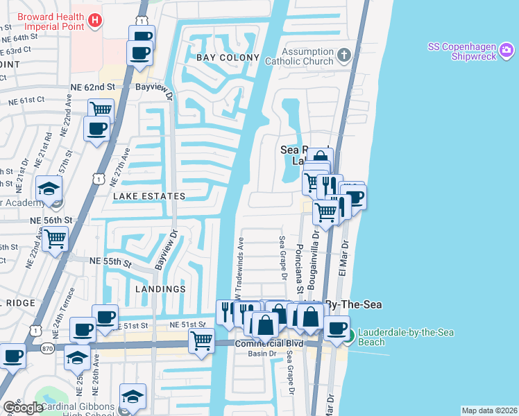 map of restaurants, bars, coffee shops, grocery stores, and more near 17 Minnetonka Road in Sea Ranch Lakes