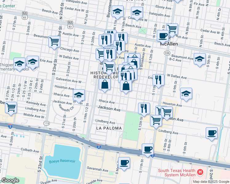 map of restaurants, bars, coffee shops, grocery stores, and more near 713 South 16th Street in McAllen