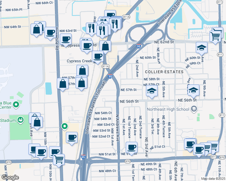 map of restaurants, bars, coffee shops, grocery stores, and more near 135 Northwest 57th Street in Oakland Park