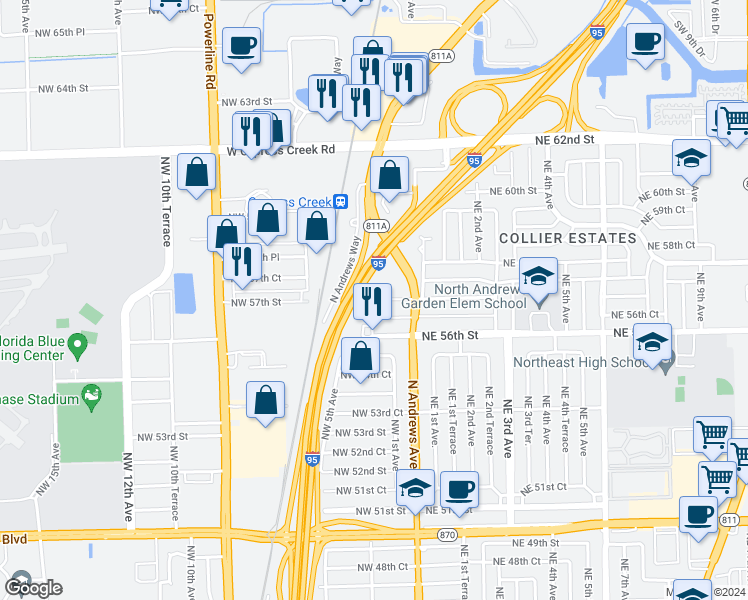 map of restaurants, bars, coffee shops, grocery stores, and more near 324 Northwest 57th Street in Oakland Park