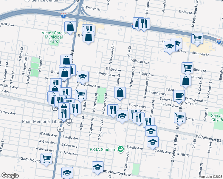 map of restaurants, bars, coffee shops, grocery stores, and more near 524 East Lucas Avenue in Pharr