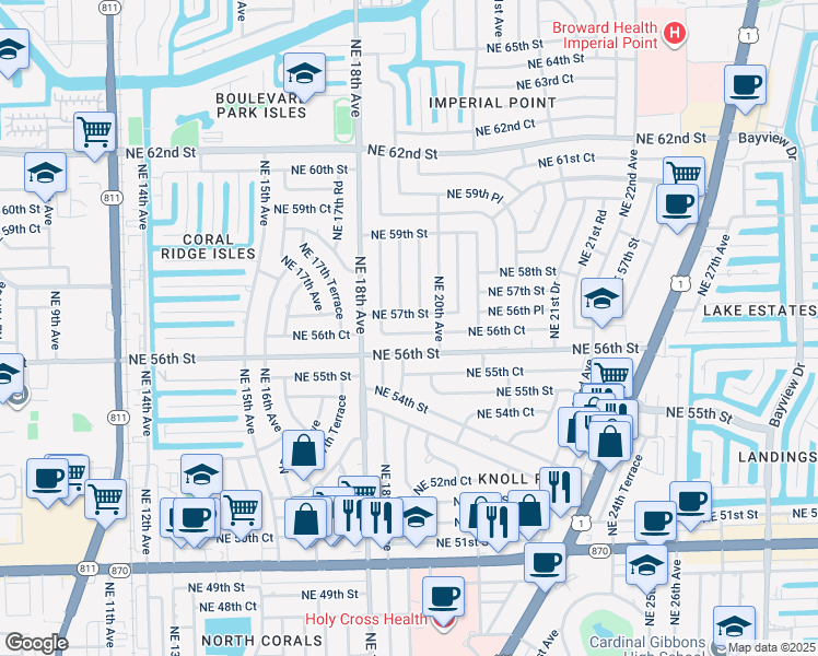 map of restaurants, bars, coffee shops, grocery stores, and more near 1911 Northeast 56th Court in Fort Lauderdale