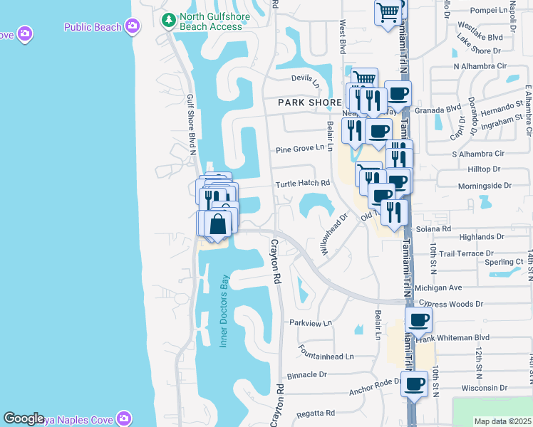 map of restaurants, bars, coffee shops, grocery stores, and more near 4155 Crayton Road in Naples