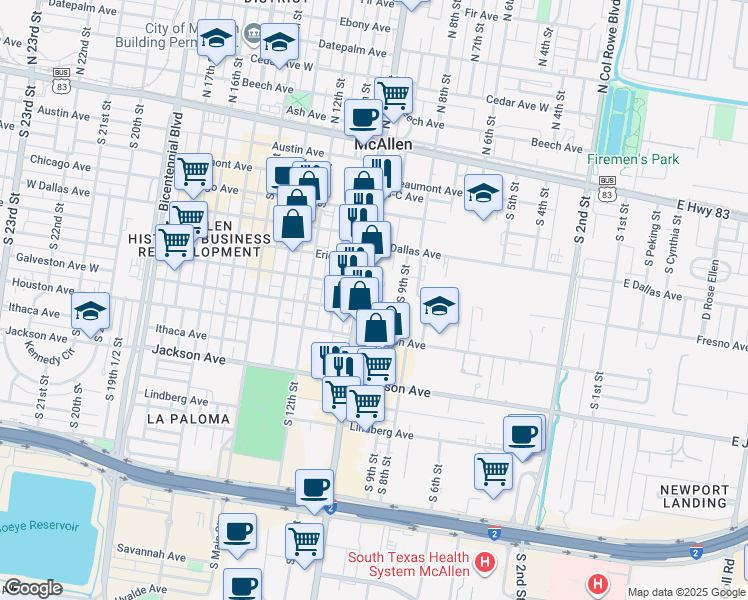 map of restaurants, bars, coffee shops, grocery stores, and more near 609 South 10th Street in McAllen