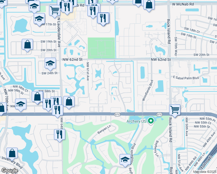 map of restaurants, bars, coffee shops, grocery stores, and more near 5891 Woodland Point Drive in Tamarac