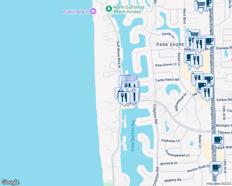 map of restaurants, bars, coffee shops, grocery stores, and more near 4151 Gulf Shore Boulevard North in Naples