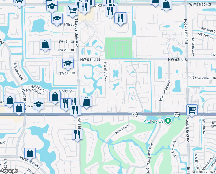 map of restaurants, bars, coffee shops, grocery stores, and more near 6179D Pine Tree Lane in Tamarac