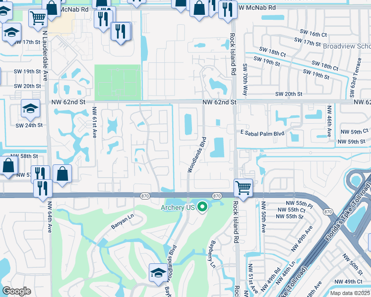 map of restaurants, bars, coffee shops, grocery stores, and more near 5880 Northwest 57th Avenue in Tamarac