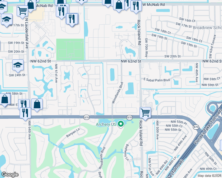 map of restaurants, bars, coffee shops, grocery stores, and more near 5620 Northwest 59th Street in Tamarac