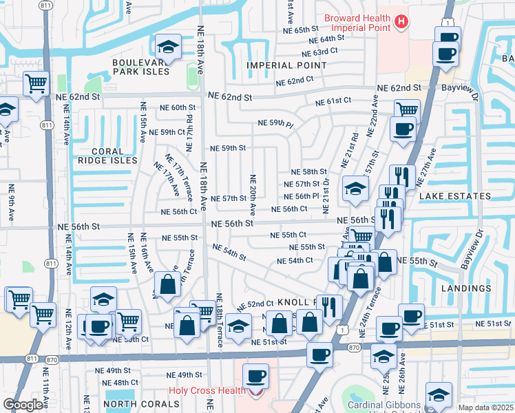 map of restaurants, bars, coffee shops, grocery stores, and more near 5650 Northeast 20th Avenue in Fort Lauderdale