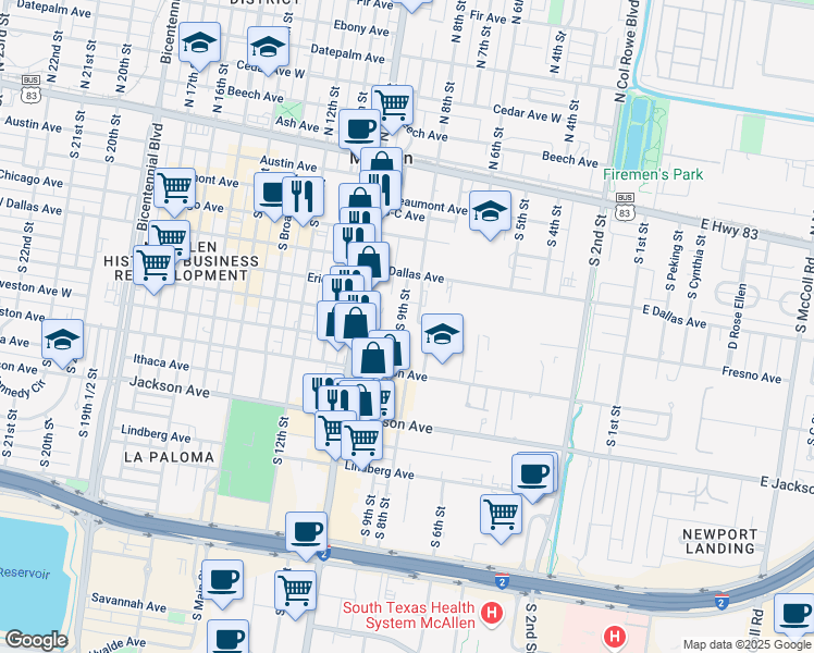map of restaurants, bars, coffee shops, grocery stores, and more near 601 South 9th Street in McAllen