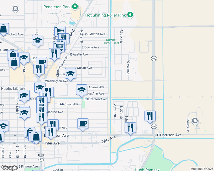map of restaurants, bars, coffee shops, grocery stores, and more near 619 N 25th St in Harlingen