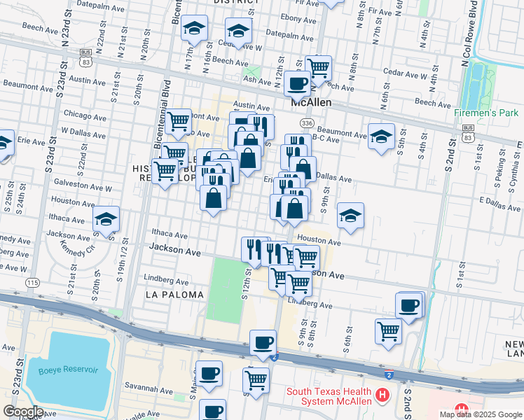map of restaurants, bars, coffee shops, grocery stores, and more near 620 South 12th Street in McAllen