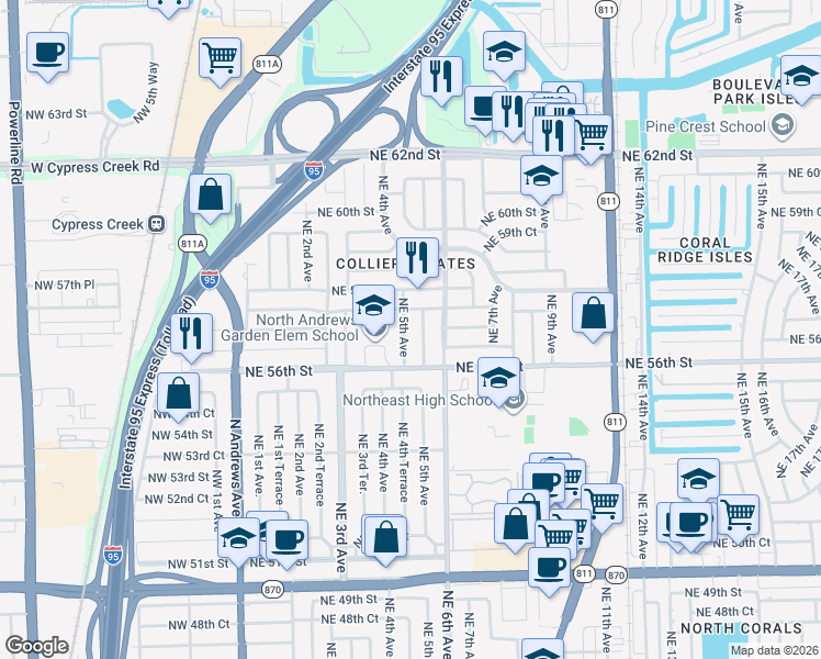 map of restaurants, bars, coffee shops, grocery stores, and more near 5642 Northeast 5th Avenue in Fort Lauderdale