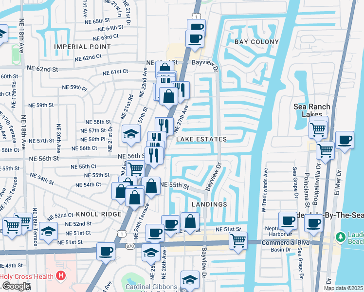 map of restaurants, bars, coffee shops, grocery stores, and more near 2741 Northeast 56th Court in Fort Lauderdale