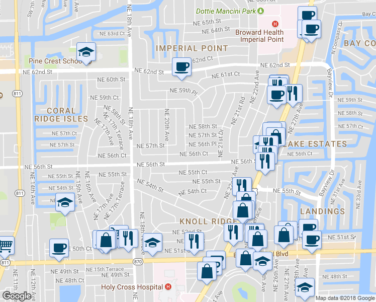 map of restaurants, bars, coffee shops, grocery stores, and more near 2103 Northeast 56th Court in Fort Lauderdale