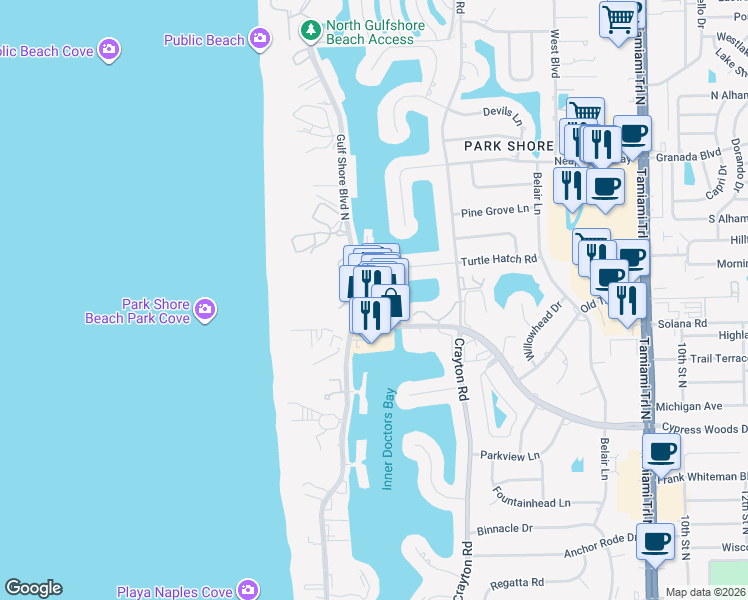 map of restaurants, bars, coffee shops, grocery stores, and more near 4320 Gulf Shore Boulevard North in Naples