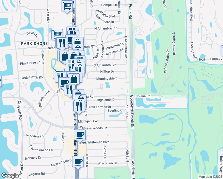 map of restaurants, bars, coffee shops, grocery stores, and more near 1357 Solana Road in Naples