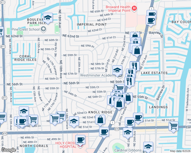 map of restaurants, bars, coffee shops, grocery stores, and more near 2143 Northeast 56th Court in Fort Lauderdale