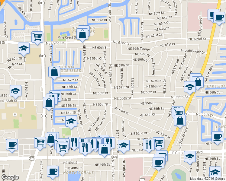map of restaurants, bars, coffee shops, grocery stores, and more near 5630 Northeast 18th Avenue in Fort Lauderdale