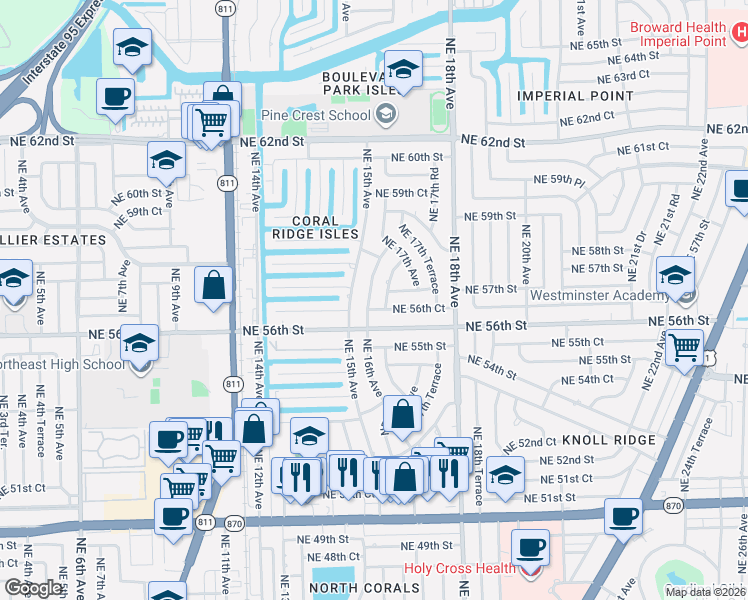 map of restaurants, bars, coffee shops, grocery stores, and more near 5641 Northeast 16th Avenue in Fort Lauderdale