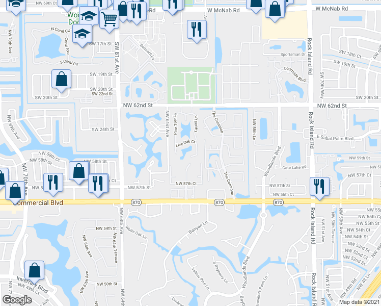 map of restaurants, bars, coffee shops, grocery stores, and more near 6181 Laurel Lane in Tamarac