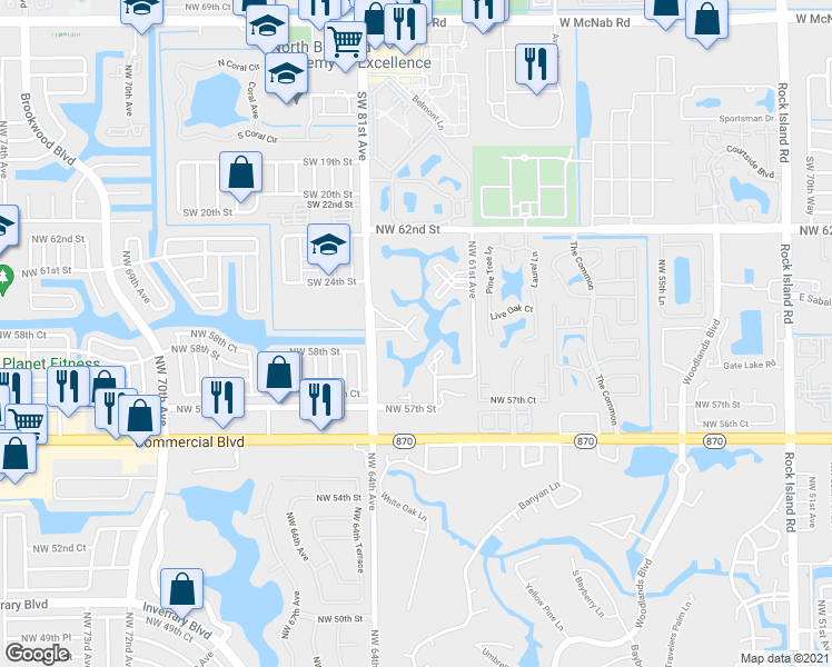 map of restaurants, bars, coffee shops, grocery stores, and more near 5830 Northwest 64th Avenue in Tamarac