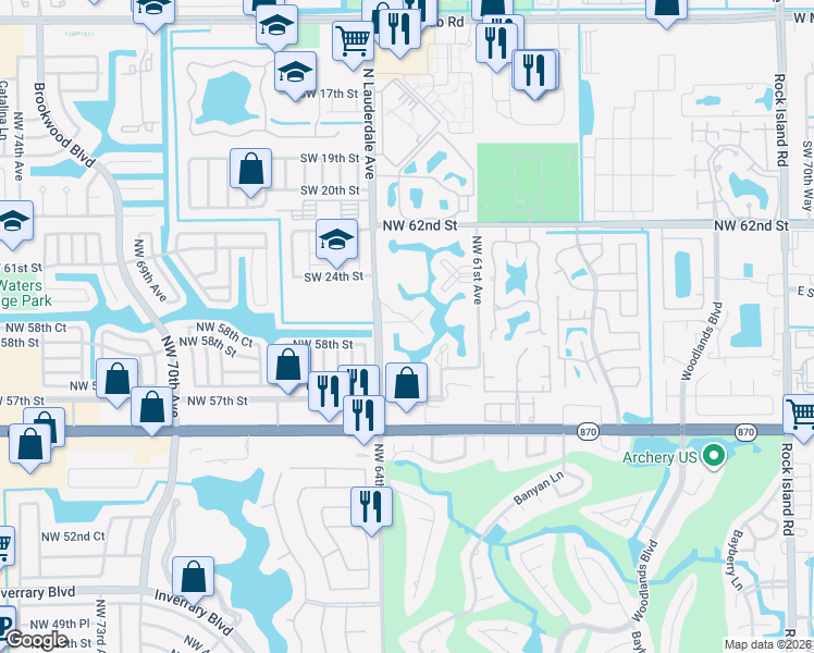 map of restaurants, bars, coffee shops, grocery stores, and more near 5830 Northwest 64th Avenue in Tamarac