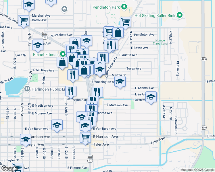 map of restaurants, bars, coffee shops, grocery stores, and more near 1802 East Washington Avenue in Harlingen