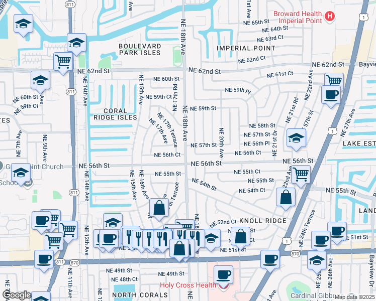 map of restaurants, bars, coffee shops, grocery stores, and more near 5630 Northeast 18th Avenue in Fort Lauderdale
