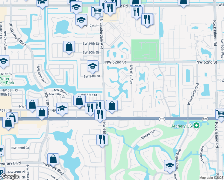 map of restaurants, bars, coffee shops, grocery stores, and more near 5830 Northwest 64th Avenue in Tamarac