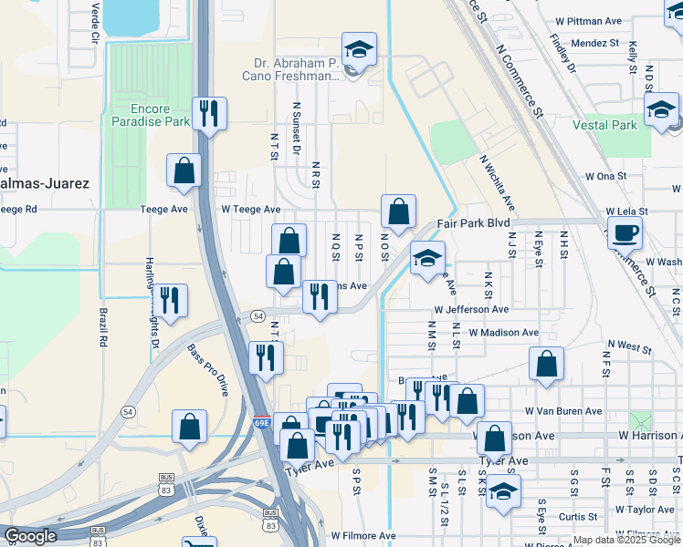 map of restaurants, bars, coffee shops, grocery stores, and more near 514 North Q Street in Harlingen