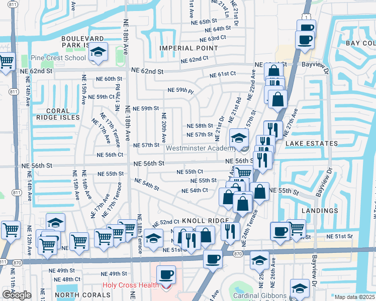 map of restaurants, bars, coffee shops, grocery stores, and more near 2109 Northeast 56th Court in Fort Lauderdale
