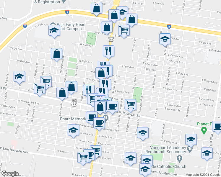 map of restaurants, bars, coffee shops, grocery stores, and more near 125 East Hawk Avenue in Pharr
