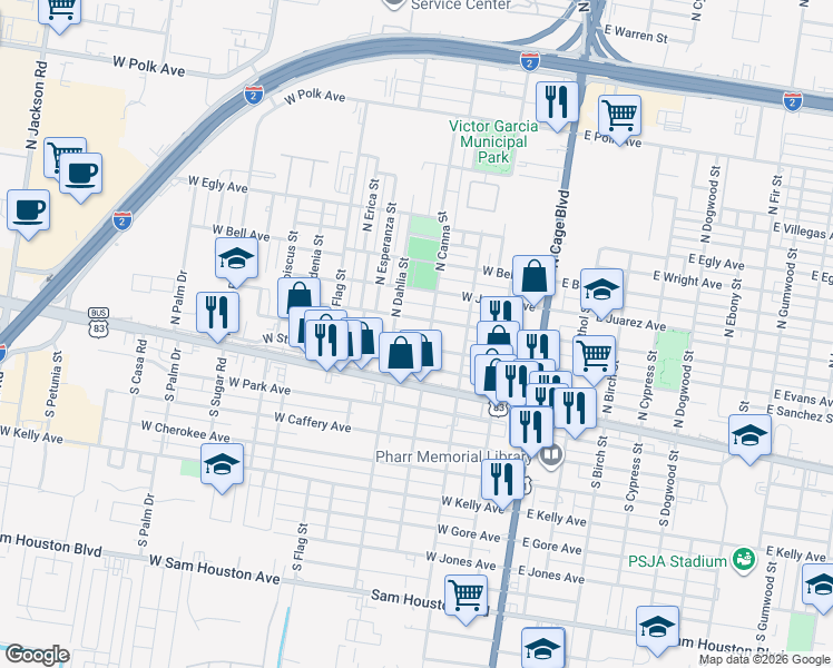 map of restaurants, bars, coffee shops, grocery stores, and more near 408 West Clark Avenue in Pharr