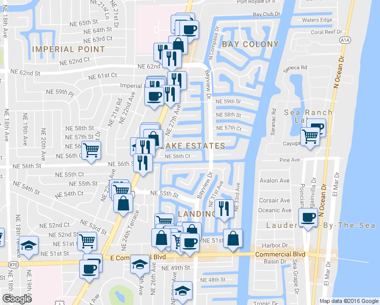 map of restaurants, bars, coffee shops, grocery stores, and more near 2801 Northeast 56th Court in Fort Lauderdale