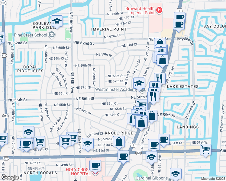 map of restaurants, bars, coffee shops, grocery stores, and more near 2143 Northeast 56th Court in Fort Lauderdale