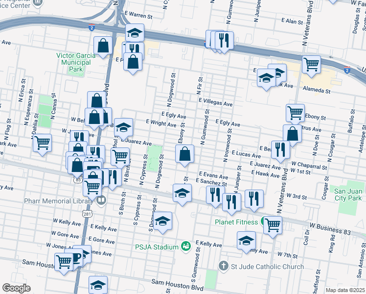 map of restaurants, bars, coffee shops, grocery stores, and more near 524 East Lucas Avenue in Pharr