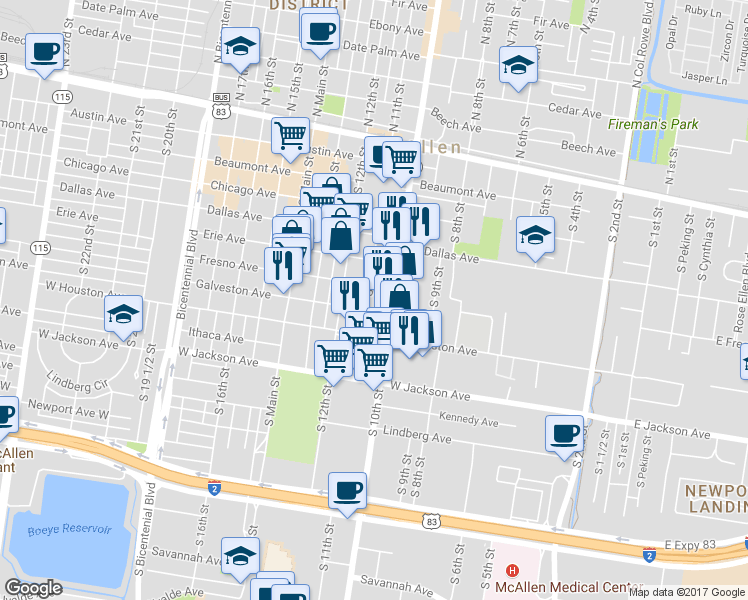 map of restaurants, bars, coffee shops, grocery stores, and more near 613 South 11th Street in McAllen